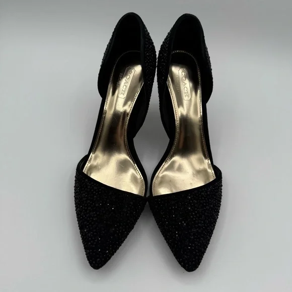 COACH Camille Heels Black Suede Rhinestone Pointed Toe Pumps 6.5 - Picture 4 of 16